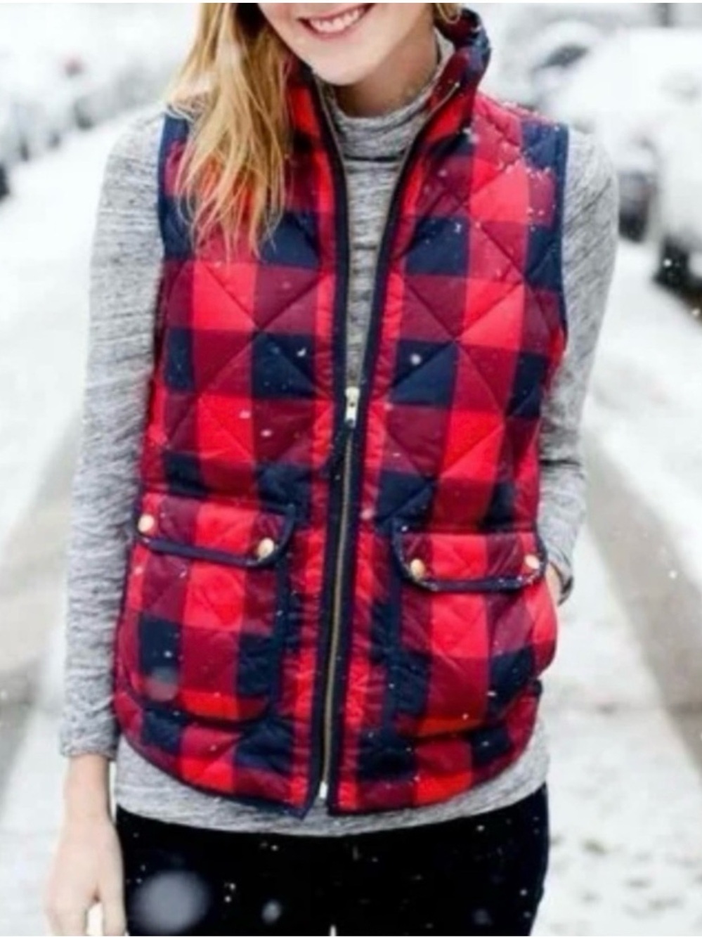 J Crew Blue Red Plaid Zip Down Vest S Pockets